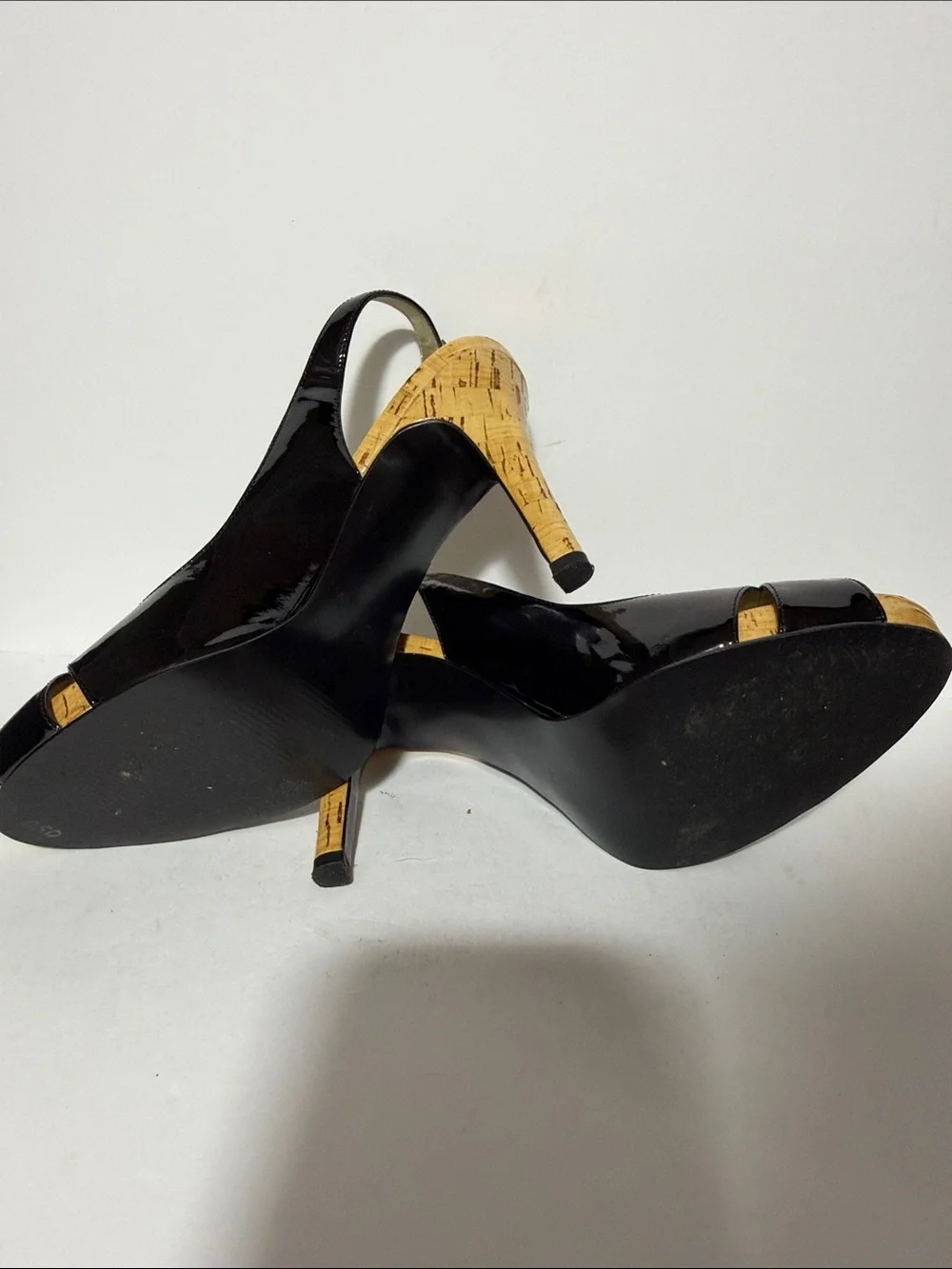 Guess Black Patent Open-Toe Slingback Cork Wedges